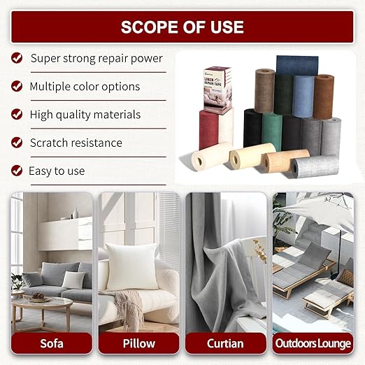 Linen Repair Tape 16x90 inch, Self Adhesive Fabric Patches, Linen Patch Tape Kit, Fabric Repair Tape for Couch Sofas, Headboards, Chairs, Pillows, Curtains, Couches - Light Brown