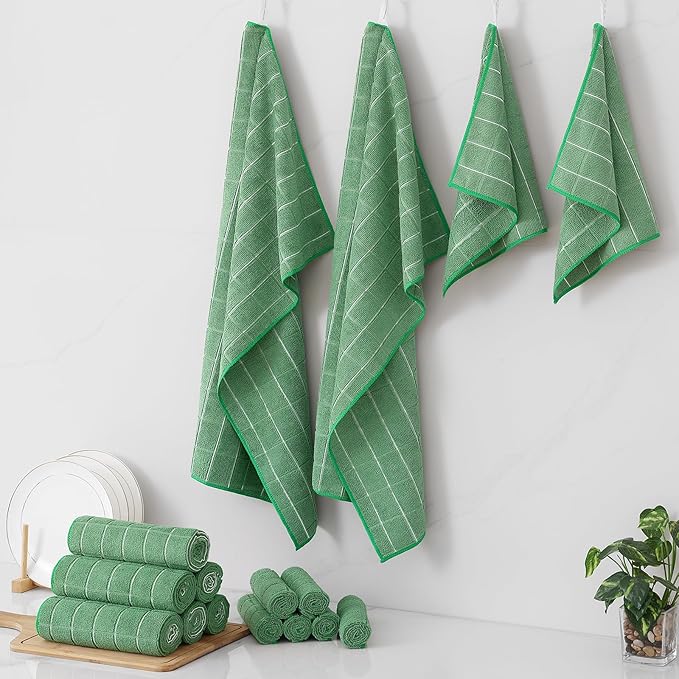 Homaxy Microfiber Kitchen Towels and Dishcloths Set, 16 Pack Soft and Absorbent Dish Hand Towels Bulk, 28 x 16 Inch & 12 x 12 Inch Quick Drying Rags for Washing Dishes, Grass Green