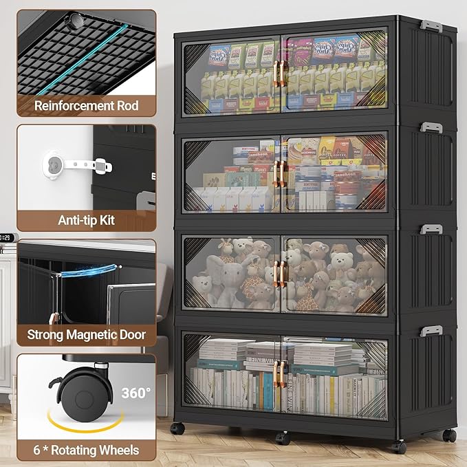 165Gal Plastic Stackable Storage Bins with Lid, 660QT Extra Large Closet Organizers Collapsible Cabinets Boxes With Drawers, Foldable Containers with 6x Wheels for Home Kitchen, V60 3Pack Black