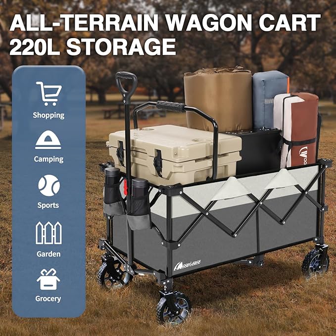 Moon Lence Collapsible Folding Wagon Cart Heavy Duty Folding Garden Portable Hand Cart with All-Terrain Beach Wheels, Adjustable Handle & Drink Holders (Grey & Ivory)