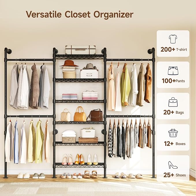 ONBRILL H3 Wall Mounted Closet System, Expandable Industrial Pipe Clothes Rack Clothing Rack for Hanging Clothes, Heavy Duty Closet Organizers and Storage in Wardrobe Closet, Black