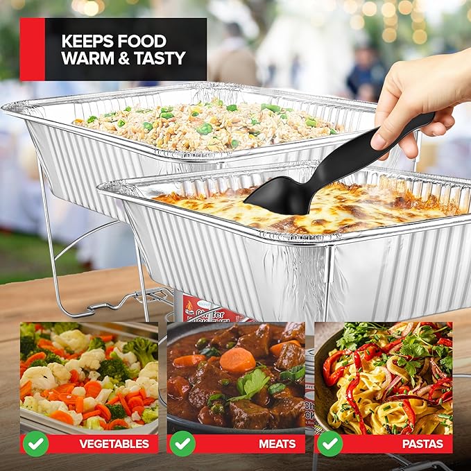 Complete Chafing Dish Buffet Set (39pc) Disposable Catering Supplies- Includes Serving Utensils, 6hr Fuel cans, 6 Half Size Chafing Pans & Wire Racks- Premium Party Food Warmer Trays