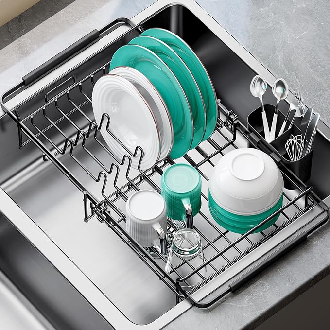Dish Drying Rack in Sink - Expandable (14.5''-18''L) Over The Sink Dish Rack with Utensil Holder, Space-Saving Dish Drainer for Kitchen Counter, 1 Piece, Matte Black