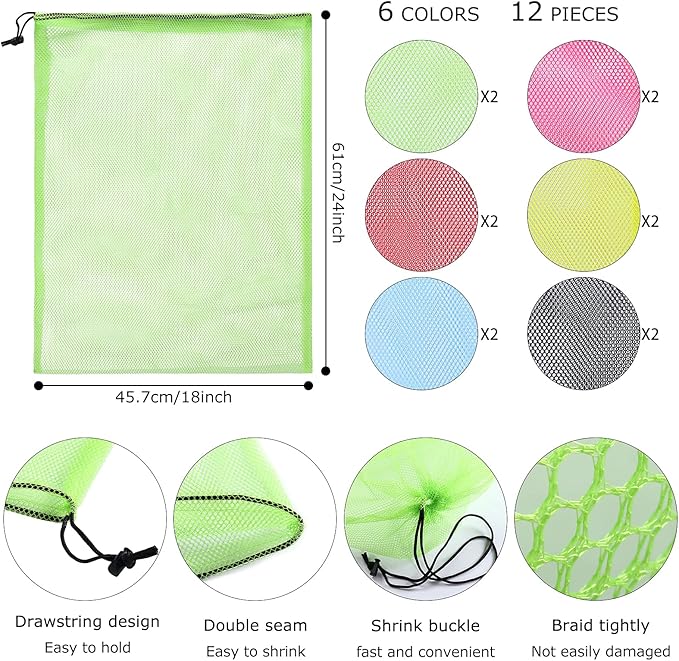 12Pcs Mesh Laundry Drawstring Bag,Nylon Drawstring Gym Bag with Cord Lock Closure 18"X24"