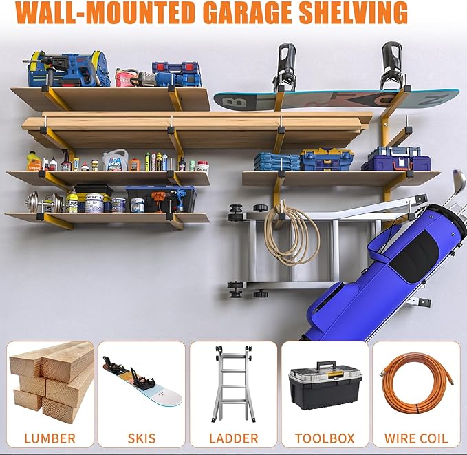 2-Pack Lumber Storage Rack, Wood Storage Racks Wall Mount, Heavy Duty Garage Wood Organizer With 4-Level System, Orange Utility Rack Organization Up 800 Lbs, Metal Lumber Shelf for Indoor and Outdoor