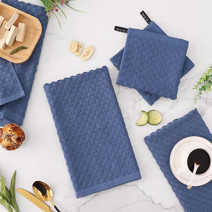 Fintale 100% Cotton Kitchen Towels and Dishcloths Set, 12 x 12 & 15 x 25 Inches, Set of 8 Bulk Super Soft and Absorbent Terry Cloth Dish Towels, Quick Drying Hand Towels with Hanging Loop, Navy Blue