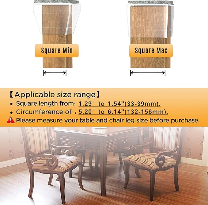 Square Chair Leg Protectors for Hardwood Floors,16 Pcs Silicone Felt Furniture Legs Caps to Prevent Floor from Scratches and Reduce Noise, Easy to Move,1.3-1.54",Clear.