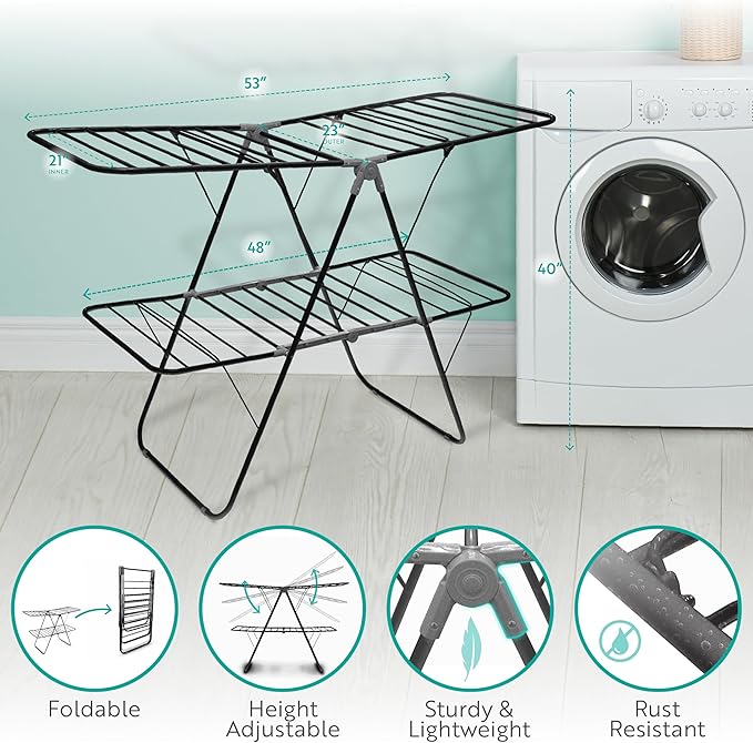 Brookstone 2 Tier Folding Rack – Indoor/Outdoor Collapsible Clothes Dryer Stand Laundry or Shoe Rack,Heavy Duty Freestanding Garment Hanger, Foldable, Portable Air Dry Holder