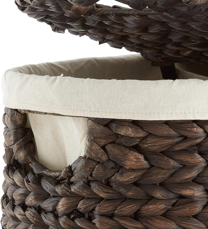 Casafield Oval Laundry Hamper with Lids and Removable Liner Bags - Espresso, Woven Water Hyacinth 2-Section Laundry Basket Sorter for Clothes and Towels