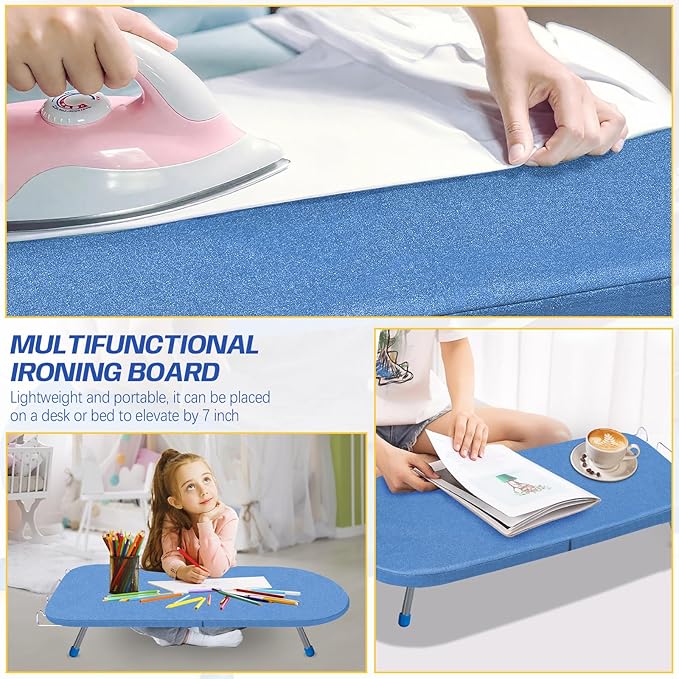 Tabletop Ironing Board with Iron Rest, 32" x12'' Metal Mesh Panel Mini Ironing Board with Heat Resistant Cover, Portable Small Iron Board Foldable for Dorms, Apartment and Travel, Blue