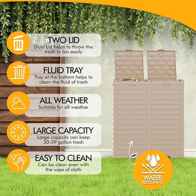 62 Gallon Outdoor Trash Can, Waterproof Resin Trash Can with Layered Lid and Drip Tray, Perfect for Patio, Backyard (Grey)