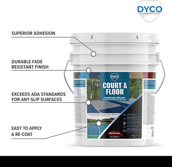 DYCO Court & Floor Anti-Slip Coating - Slip-Resistant Pavement, Cement & Concrete Paint for Pickleball, Tennis & Basketball Courts, Exceeds ADA Standards for Safety Areas (Red Currant, 5 Gallons)