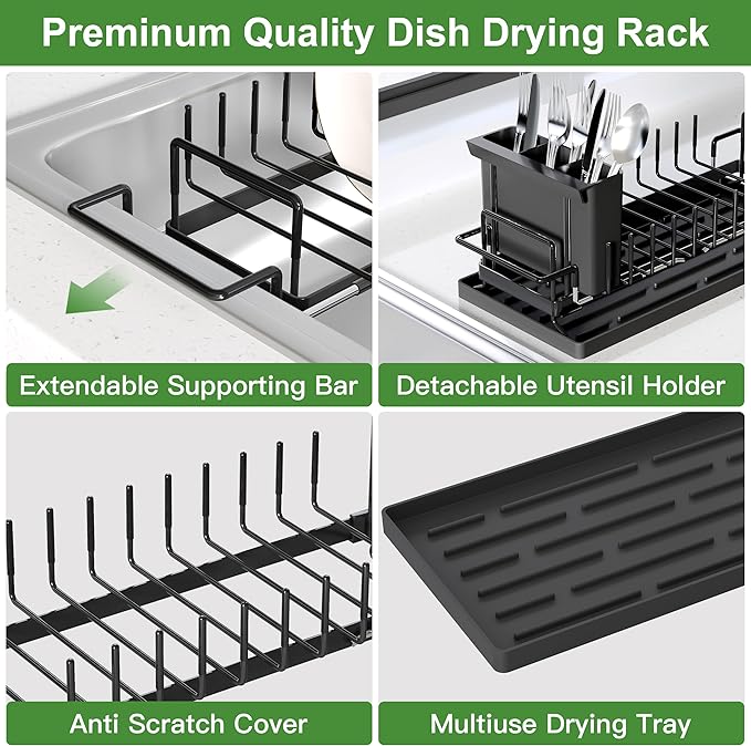 Dish Drying Rack Over the Sink Expandable In Small Black Drainer Dry for Kitchen Counter, Metal Stainless Steel Compact Dishes Drain with Tray, Space Saving Extendable Modern Plate Strainer Holder