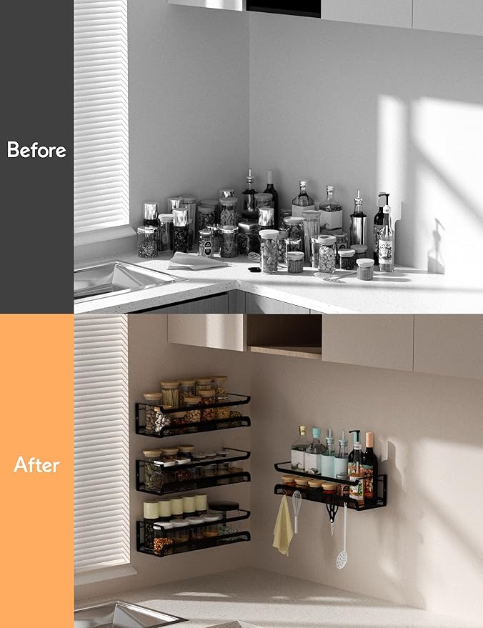 Spice Rack Wall Mount with Hooks - Spice Racks Organizer for Cabinet Storage, Wall Mounted Hanging Shelf Seasoning Organizer, for Kitchen, Pantry Door, Bathroom (Black, 4 Pack)