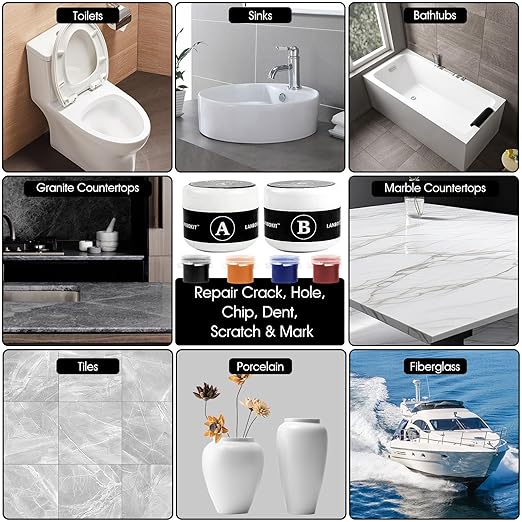 Tile & Fiberglass Tub Repair Kit(Color Matching), Porcelain Sink Repair Kit, Countertop Repair Kit for Granite, Marble, Quartz, Ceramic & Shower Repair Kit for Chips, Cracks, Scratches, Holes