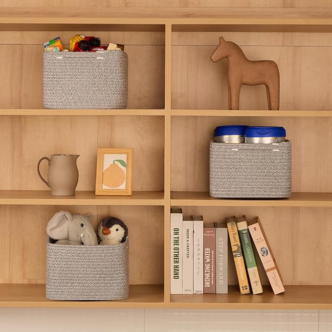 Small Organizing Baskets for Cubes Shelf, 9.7x9.7x7.1 Inch Rope Woven Storage Bins for Nursery Shelves Storage, Cute Toy Basket, Square 3 Packs Mixed Grey