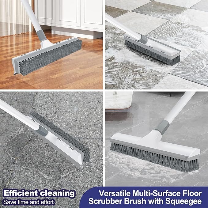 Floor Scrub Brush with 60 inch Long Handle, 2 in 1 Heavy Duty Stiff Bristle Floor Scrubber Brush and Scraper for Cleaning Shower, Tile, Bathroom, Kitchen, Deck, Garage, Patio