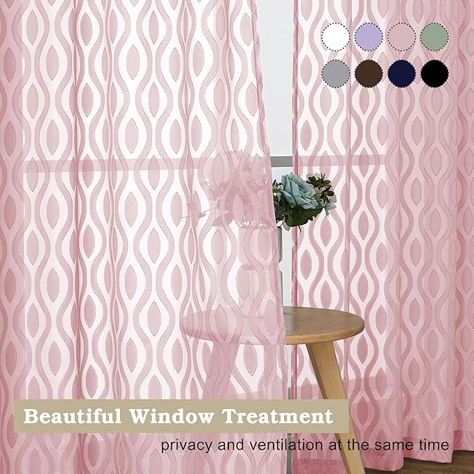 Aiyufeng Sheer Curtains 72 Inches Long for Living Room 2 Panels Set, Light Filtering Clip Jacquard Textured Sheer Bedroom Curtain, Chic Wavy Line Sliding Door Curtains, Blush Pink, 40" Wx72 L Inches