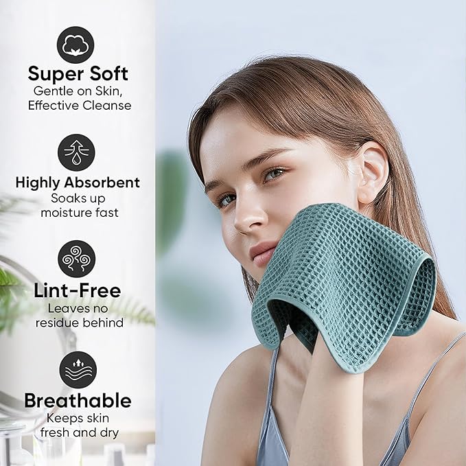 Microfiber Waffle Face Towels, 2 Pieces, Soft, Absorbent, Fast Drying, Lint Free (Green)