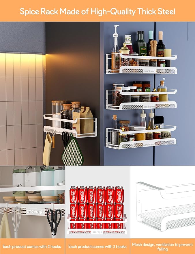 Spice Rack Wall Mount with Hooks - Spice Racks Organizer for Cabinet Storage, Wall Mounted Hanging Shelf Seasoning Organizer, for Kitchen, Pantry Door, Bathroom (White, 2 Pack)