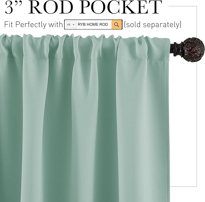 RYB HOME Rod Pocket Blackout Curtains for Living Room, Thermal Insulated Noise Reducing Window Drapes Room Darkening Shades for Bedroom Studio, 42 x 72 inch, 2 Panels Package, Aqua