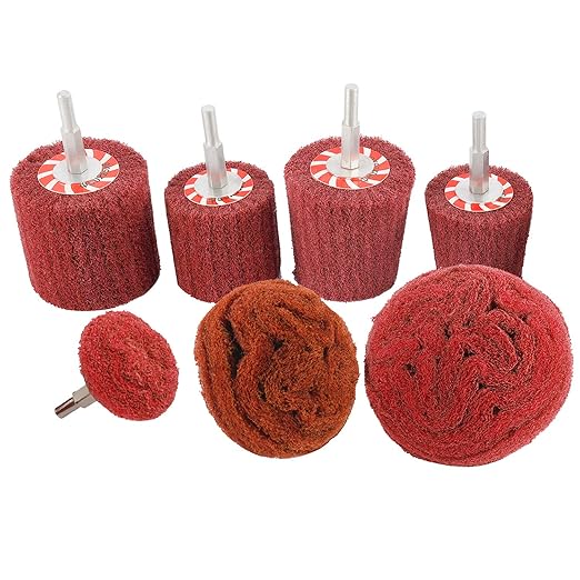 HighFree 7 PCS Non Woven Abrasive Buffing Polishing Wheels Drill Attachment Set - Scouring Pads Wheel with 1/4" Shank for Stainless Steel Copper Aluminum Wood-Wares (320 Grit Red)