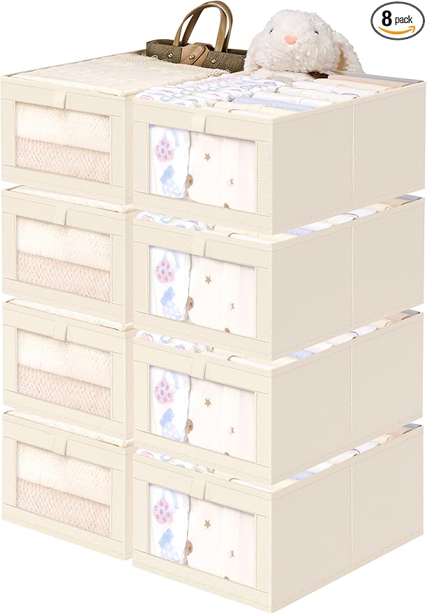 Criusia Linen Closet Organizers and Storage, 8 Pack Large Linen Closet Baskets with Mesh Window for Organization, Foldable Closet Organizer for Clothing, Towels, Toys, Nursery, Books, Shelves, Beige