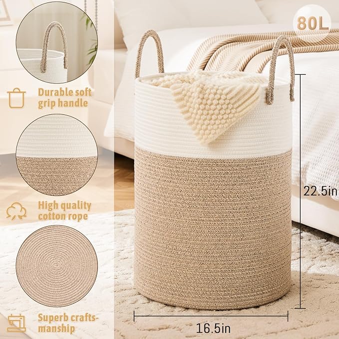 Laundry Basket,Woven Cotton Rope Laundry Hamper,80L for Decorative Storage of Dirty Clothes,Toys and Blankets in Bathroom,Baby Room and Living Room
