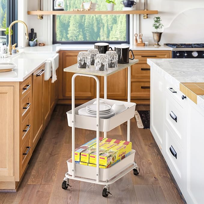 Simple Houseware 2-Tier Rolling Utility Cart with Lockable Wheels and Wood Top, Metal Storage Organizer Trolley for Kitchen, Bathroom, Office, Craft Room, Maple