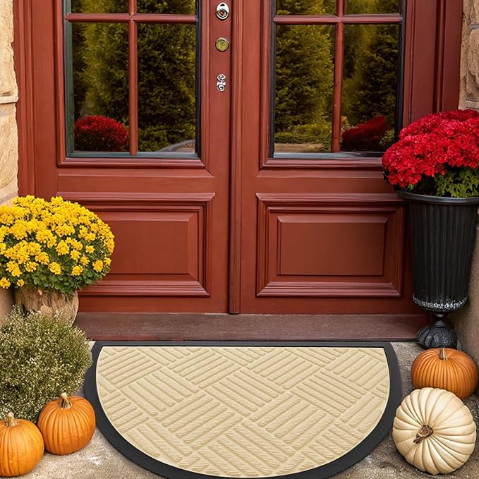 Smiry Half Circle Front Door Mat Outside Entrance, Heavy Duty Outdoor Indoor Natural Rubber Doormat, Non Slip, Trap Dirt and Moisture, Easy Clean, Low Profile Patio Porch Entryway Mat, 29.5x17, Beige