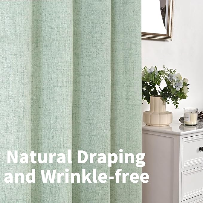 YoungsTex Sage Green Linen Curtains for Living Room 2 Panels, Semi Sheer Drapes Boho Light Filtering Window Treatments with Back Tab Rod Pocket for Office Dining Bedroom, 52 X 72 Inch