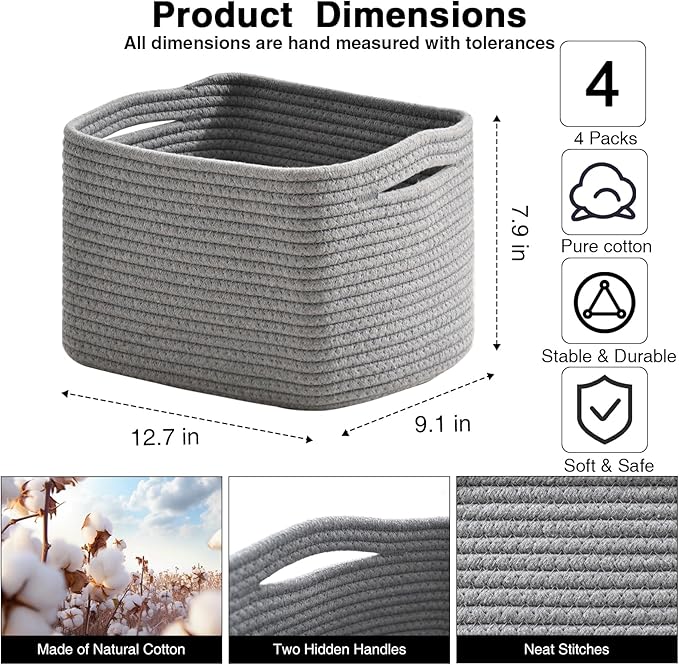 Small Storage Baskets for Organizing, Woven Storage Baskets for Shelves, Cotton Rope Basket for Storage, Cute Rectangular Book Toy Grey Basket, 12.7"×9.1"×7.9", 4 Packs, Grey