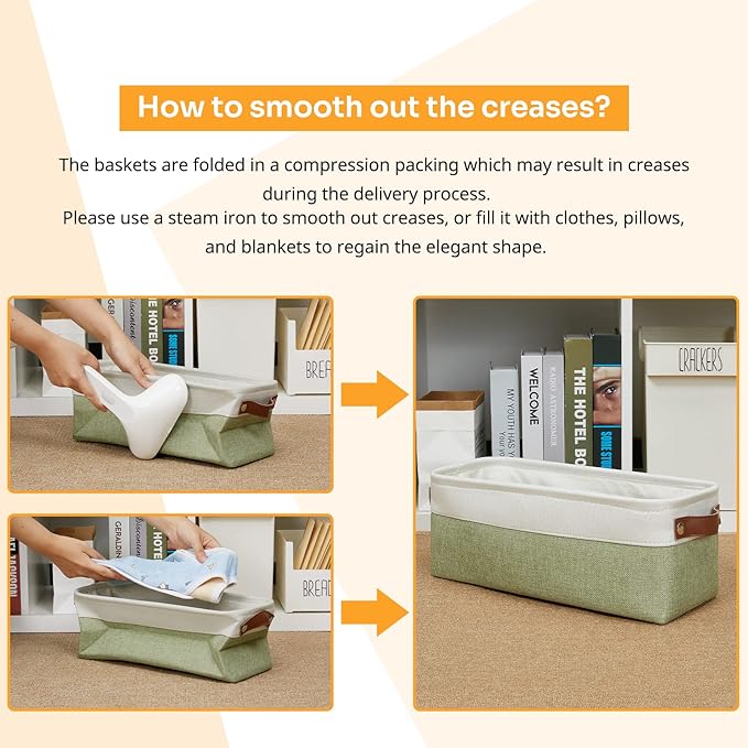 DULLEMELO Narrow Storage Basket for Bathroom, Toilet Paper Holder, Canvas Storage Basket for Organizing (White & Green)