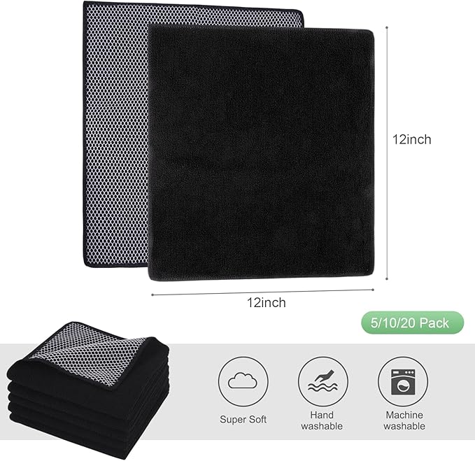 SINLAND Microfiber Dish Cloth for Washing Dishes Dish Washing Rags Best Kitchen Washcloth Cleaning Cloths Wash Cloths with Poly Scour Side 12Inchx12Inch 10 Pack Black