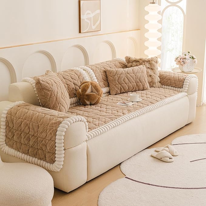 OTOB Couch Covers for 3 Cushion Couch Sofa Pet Friendly, Washable & Non Slip Geometric Jacquard Modern Plush Fuzzy Sofa Slipcovers Protector, All Season Soft Pet Couch Cover (Coffee, 27.6"x82.7")