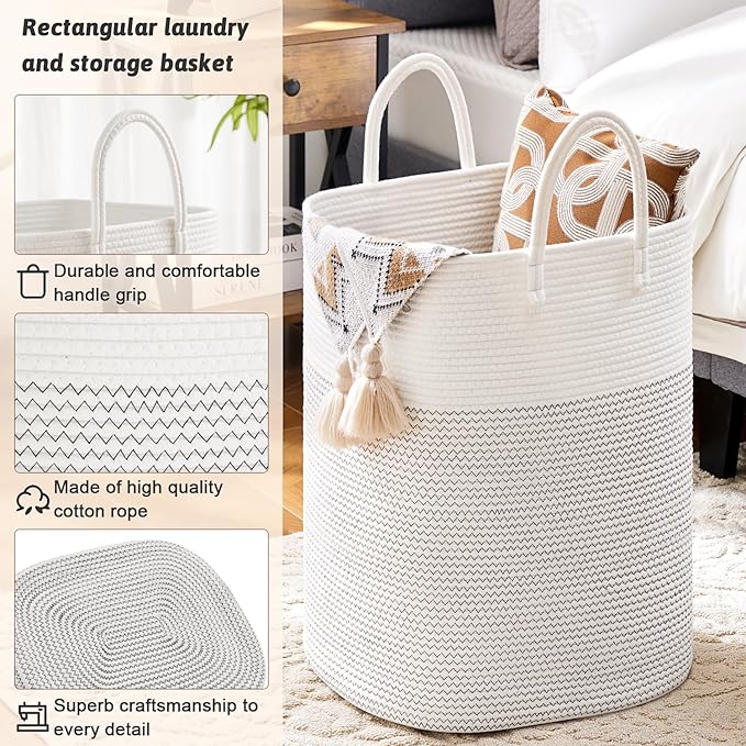 Laundry Basket,Woven Cotton Rope Laundry Hamper,Versatile Storage for Dirty Clothes,Baby Toys,and Blankets in Bathroom, Nursery,and Living Room (White, 40L)