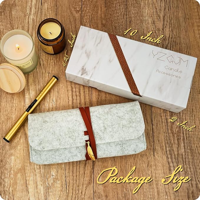 Exquisite Candle Accessories Tool Pack Bag, Rechargeable Electric Lighter， Wick Trimmer, Dipper, Snuffer and Tray Holder Elegant Kit Gift for Candle Lovers in Dating, Valentines Decor. (French Gold)