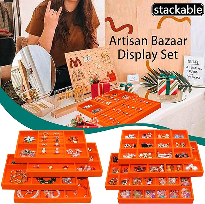 Jewelry Organizer Tray Stackable Velvet Jewelry Trays Drawer Inserts Earring Ring Necklace Organizer Display Case