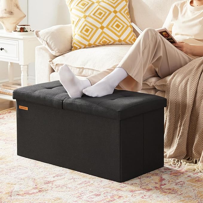 HAUSFRAU - 30 Inches Storage Ottoman Bench with Flipping Lid, Foldable Storage Chest Foot Rest for Living Room, Bedroom, Entryway, Load 660 lb, Linen Black