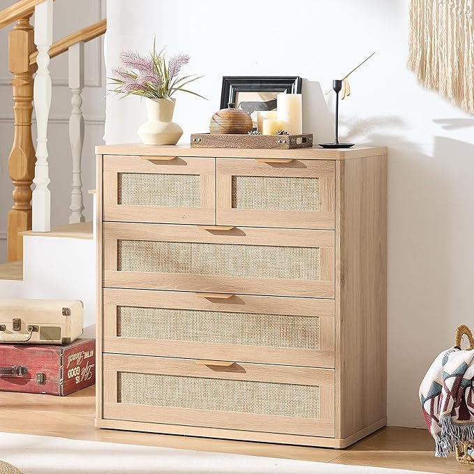 LEYAOYAO Rattan Dresser for Bedroom, 33.5" Tall Chest of Drawers, Modern 5 Drawers Boho Dressers with Storage, Light Oak Dresser Wooden Closet Organizer for Living Room, Hallway, Natural Wood