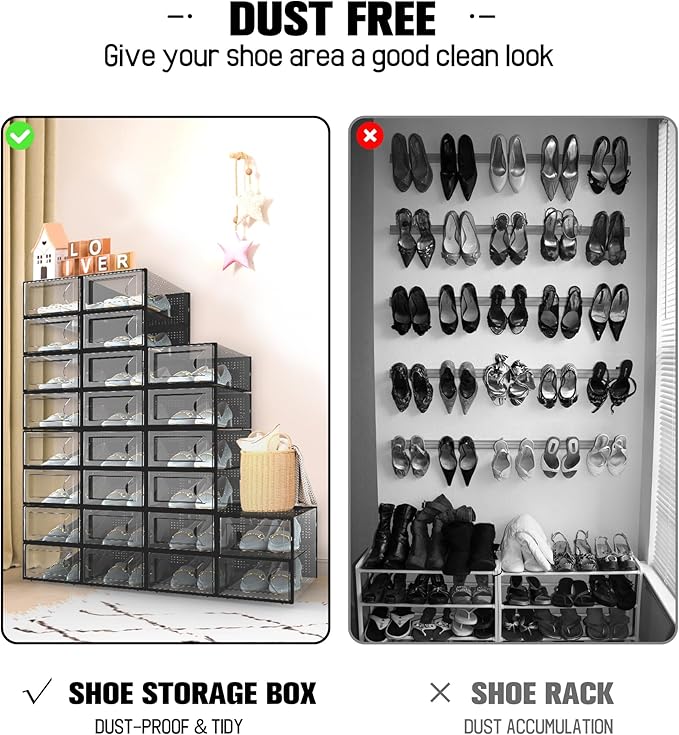 Kuject 15 Pack Shoe Storage Boxes, Clear Plastic Stackable Shoe Organizer for Closet, Connect Left and Right Shoe Boxes Case Container Bin for Entryway, Drop Front, Fit for Size 10(Black)