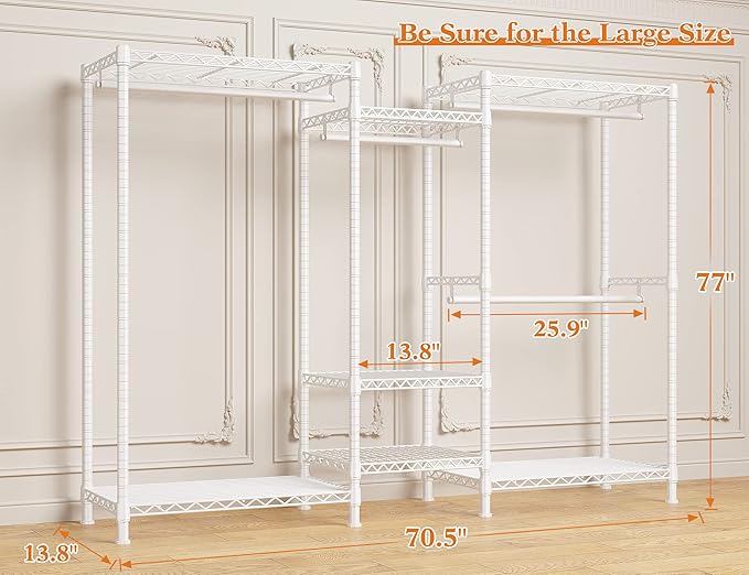Raybee Clothing Racks for Hanging Clothes Heavy Duty Clothes Rack Load 750LBS Garment Rack, 77" H x 70.5" W x 13.8" D, White