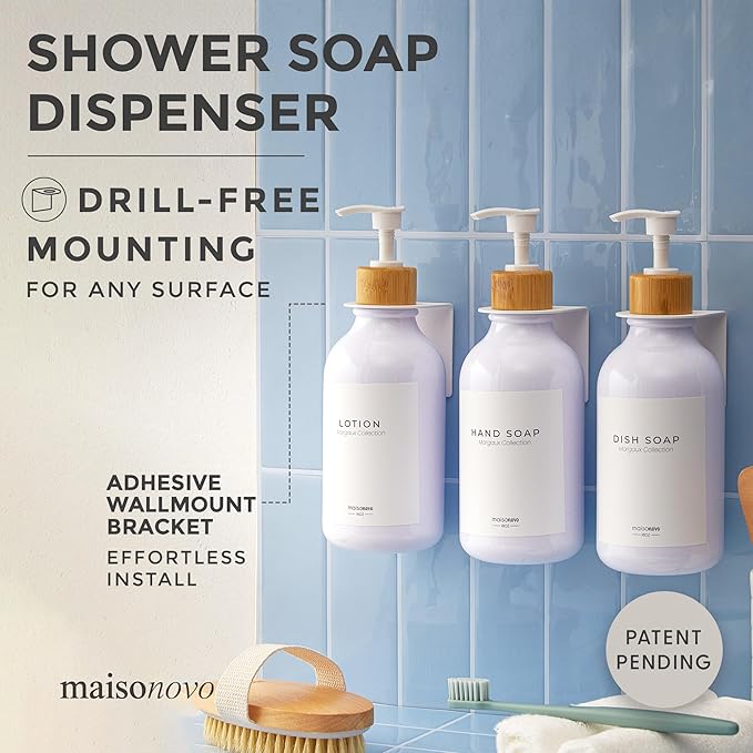 MaisoNovo Shampoo and Conditioner Dispenser - Shower Soap Dispenser Wall Mounted - 16.9 fl oz Set of 3 White Plastic Bottles Bamboo Pump - 3 Chamber No Drill