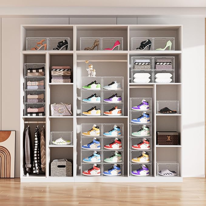 Large Shoe Boxes Clear Plastic Stackable, 8 Pack Drop Side Shoe Storage Organizer with Magnetic Door, Shoe Container Sneaker Storage Display Case Fit up to US Size 13 CLEAR