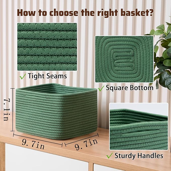 Small Organizing Baskets for Cubes Shelf, 9.7x9.7x7.1 Inch Rope Woven Storage Bins for Nursery Shelves Storage, Cute Toy Basket, Square 3 Packs Green