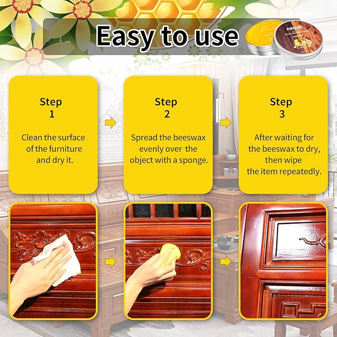 PIPIHUA Beeswax Polish and Conditioner for Wood Furniture - Waterproof & Restorer Wood Wax, Multipurpose Beeswax Furniture Polish and Cleaner for All Types and Colours, Lemon(2×100g with 3 Sponges)