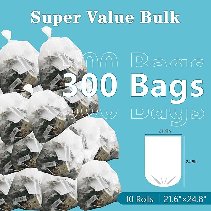 300 Count 8 Gallon Trash Bags, 13 Micron Extra Thick Medium Garbage Bags, 7-9 Gallon Unscented White Wastebasket Can Liners for Bathroom Kitchen Home Office