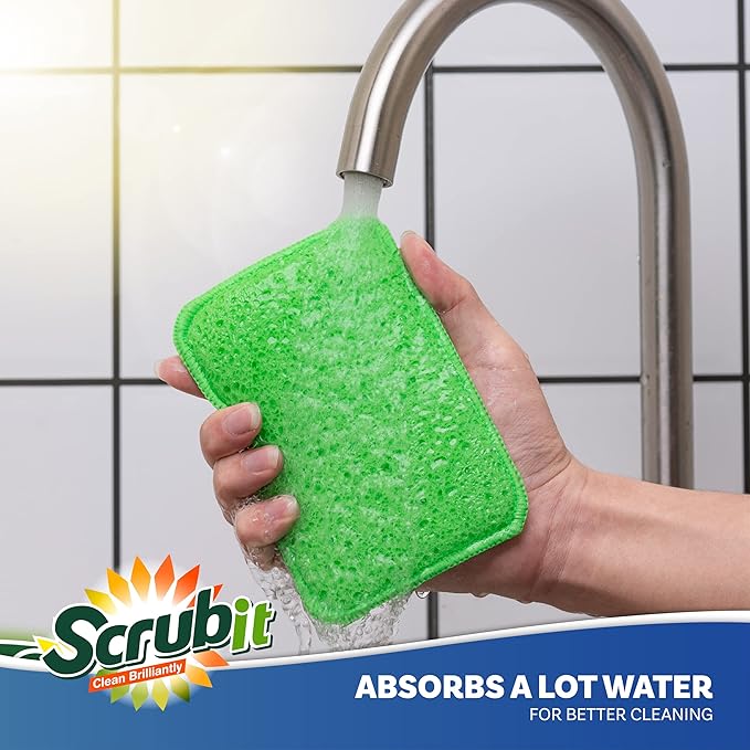 Scrub and Wipe Cleaning Pads [10 Pack] – SCRUBIT Dual Sided Scouring Pad and Sponge - Reusable Kitchen Scrubbing Sponges for Dishes, Pots, Pans Utensils & Non-Stick Cookware (Green)