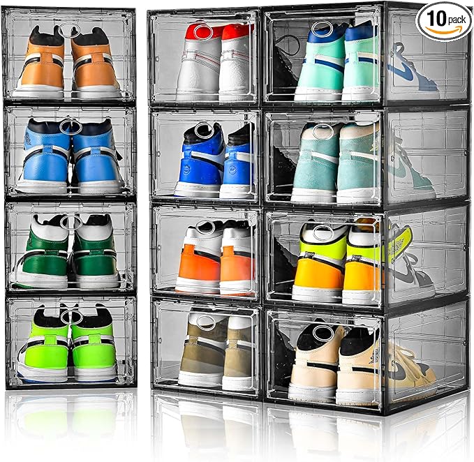 12 Pack Shoe Boxes Stackable,Upgraded Sturdy Shoe Storage Boxes with Clear Magnetic Door,Multifunctional Sneaker Storage, Shoe Box Organizer Fit up to US Size 12 Gray(13.8”x 9.84”x 7.1”)