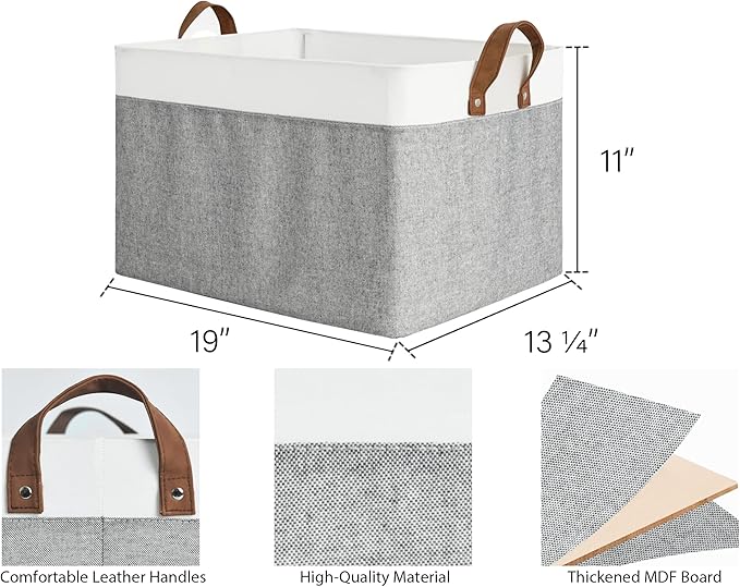 StorageWorks 45L Large Storage Bins for Closet and Shelves, Fabric Organizer Baskets with Metal Frame for Clothes, Towels, Collapsible Storage Basket, Gray and White, 2-Pack